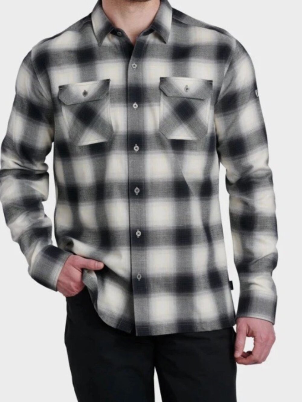 KUHL Dillingr Flannel Shirt Men’s M Black Cream Plaid Button Down Outdoor